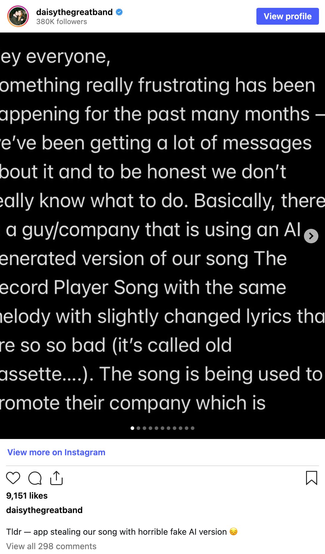 Daisy the Great's Instagram post saying an app is using a fake AI version of The Record Player Song