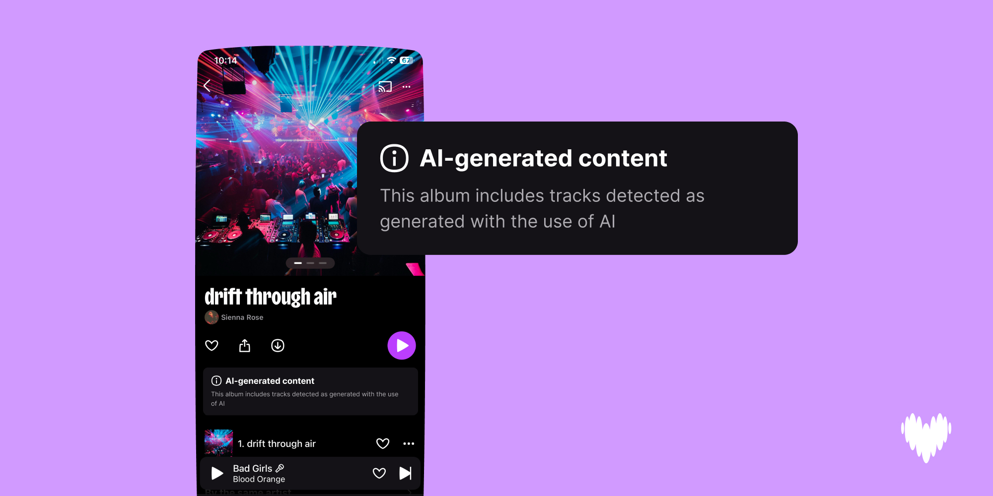 Deezer app screen showing the AI-generated content tag on an album detected as made with AI