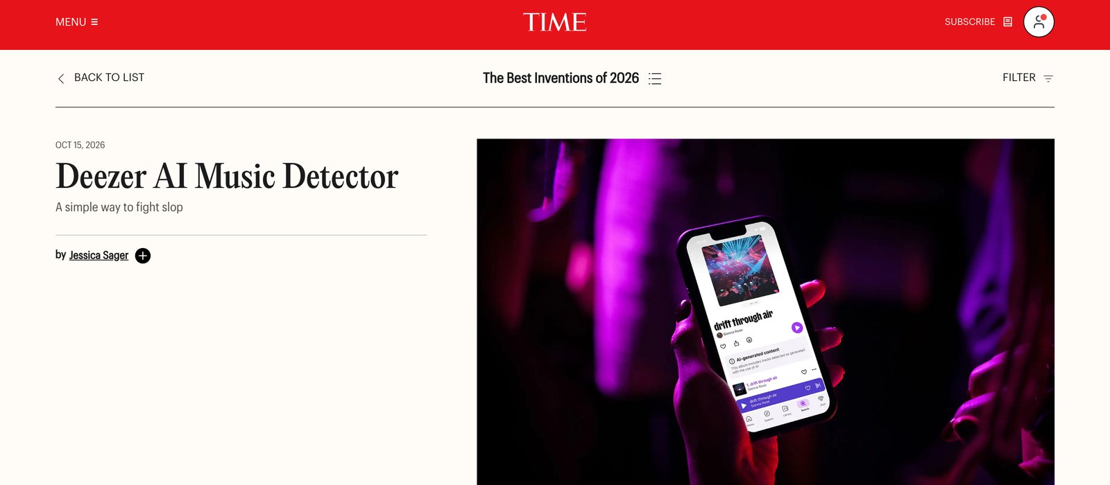 TIME's Best Inventions of 2026 profile page for the Deezer AI Music Detector