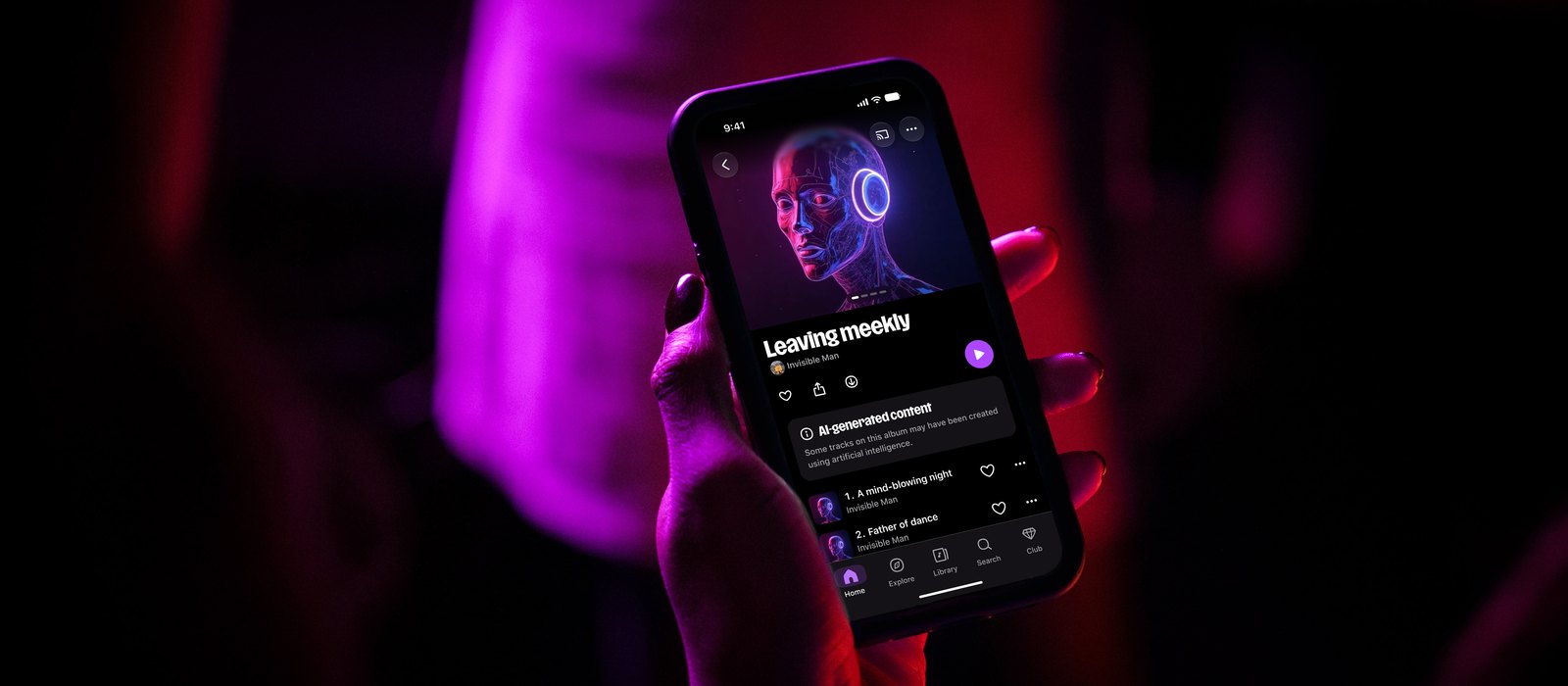 Phone showing a Deezer album page with the AI-generated content tag on an AI album