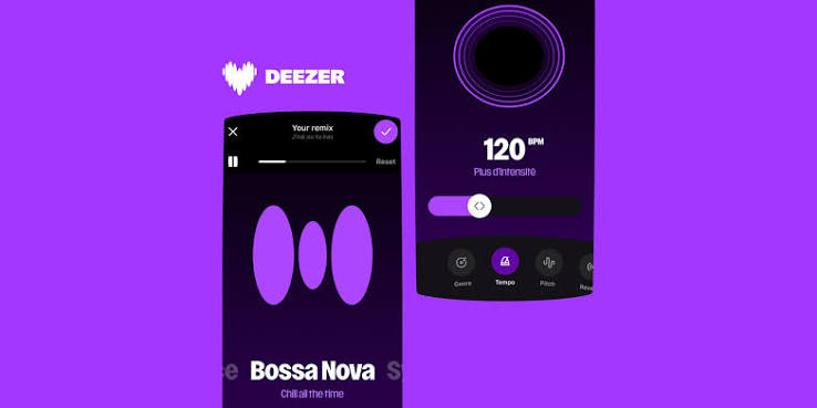 Deezer Remix Lab interface on two phones showing a Bossa Nova remix preset and a 120 BPM tempo control