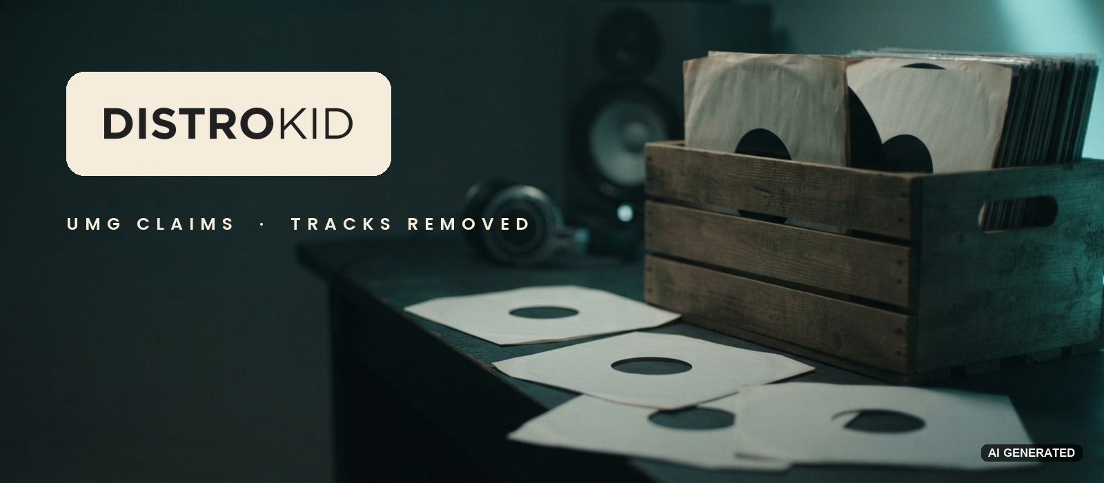 DistroKid logo above a crate of vinyl records, with empty record sleeves scattered across a studio desk