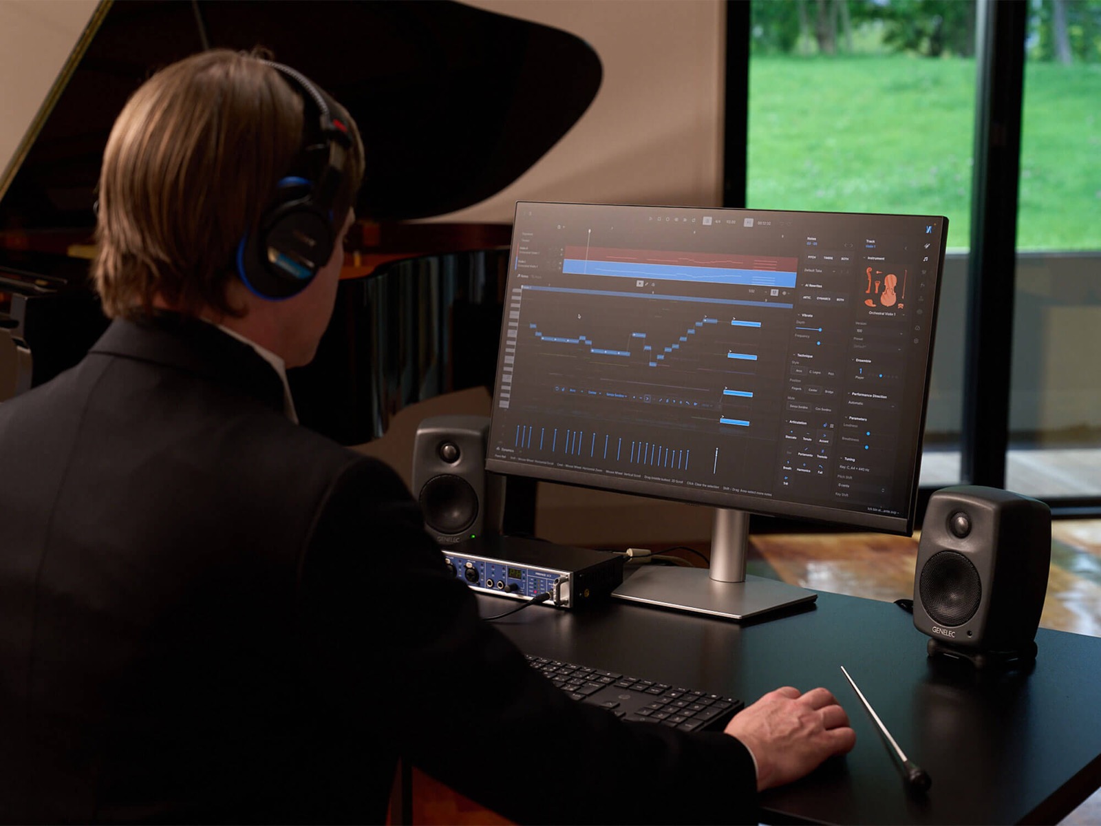 Producer in a studio editing an orchestral violin part in the Dreamtonics Instrument X interface, with vibrato and articulation controls open
