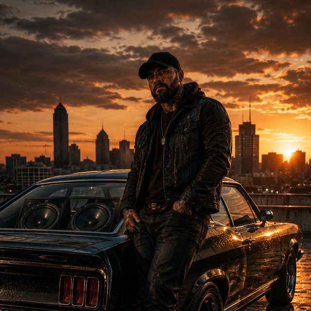 AI-generated artist image for Dust & Harmony — a bearded man in a black cap and leather jacket leaning against a black muscle car at sunset, with a city skyline behind him.