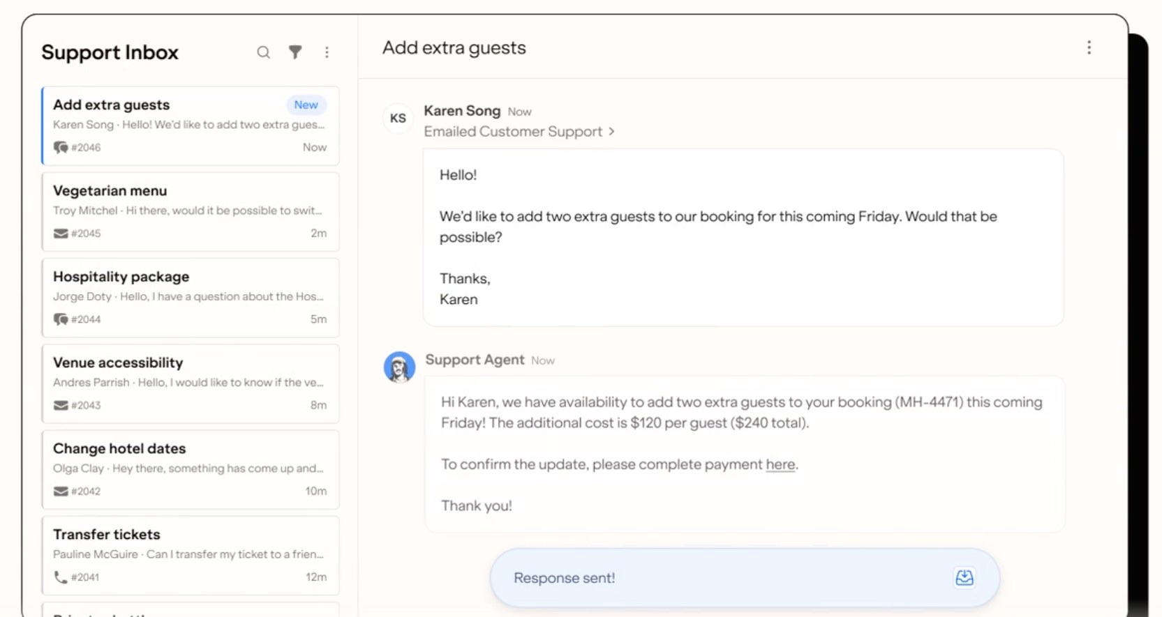 Easol Support Agent replying to a guest request to add two extra festival guests