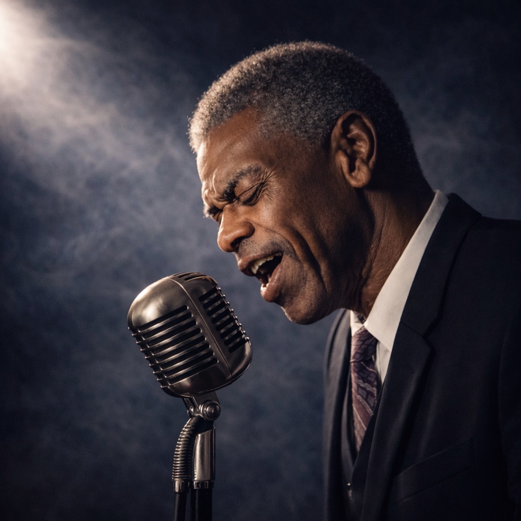 AI-generated portrait of the Eddie Dalton persona, an older man in a dark suit singing into a vintage microphone under a spotlight