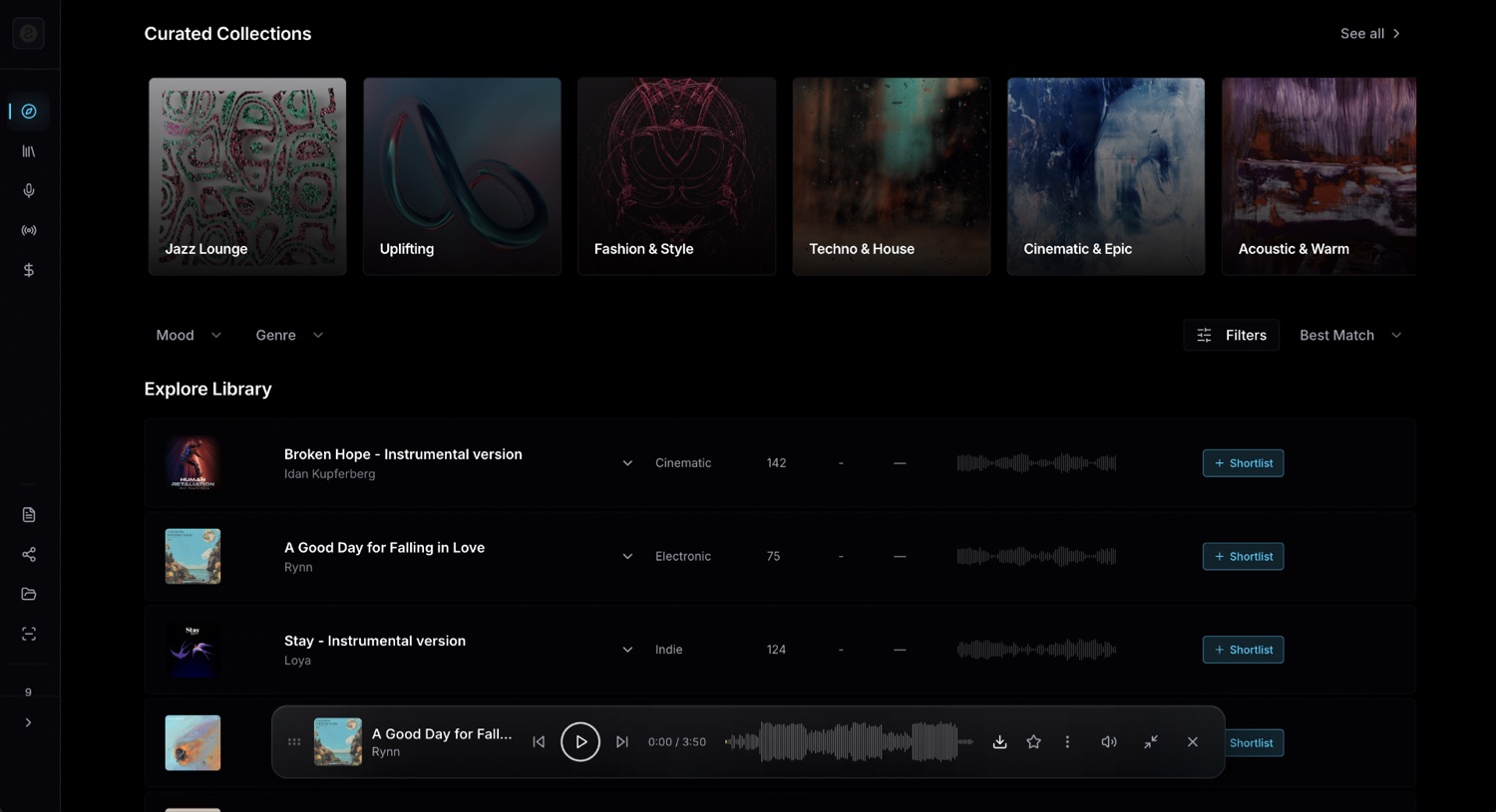 EightSix Brand Studio's Discover view, with curated collections and a searchable music library scored against a brand's mDNA