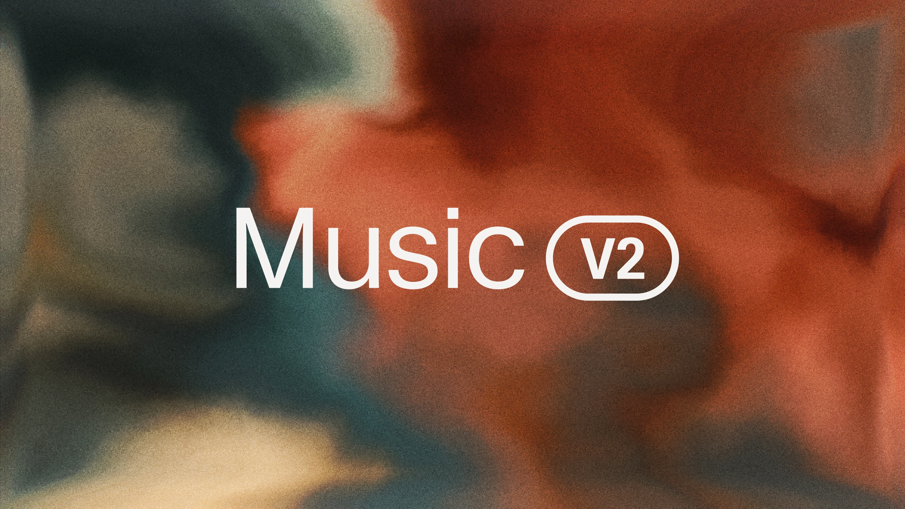 ElevenLabs Music v2 launch graphic with the Music v2 logo over an orange and teal abstract background