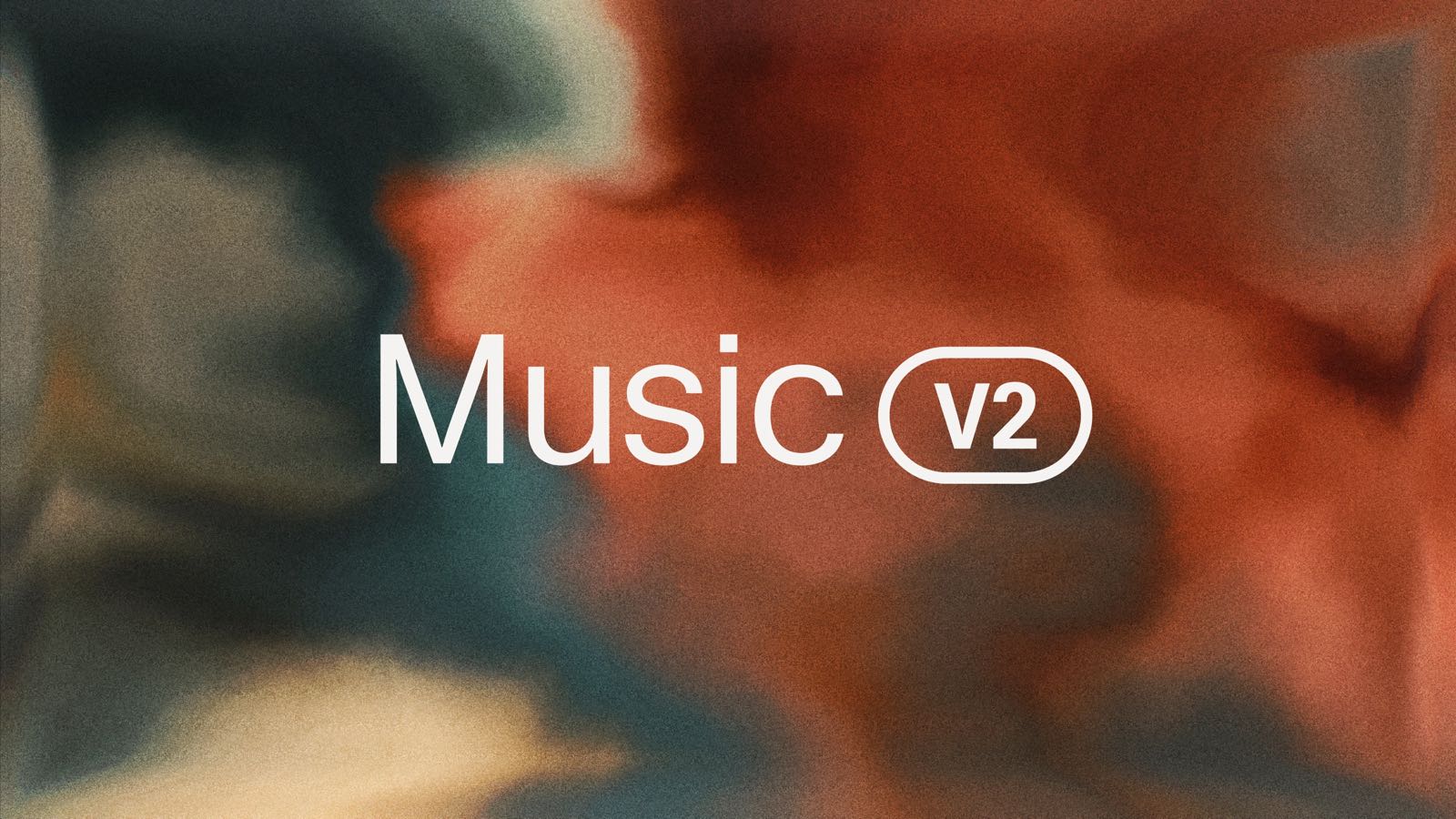 ElevenLabs Music v2 launch graphic with the Music v2 logo over an orange and teal abstract background