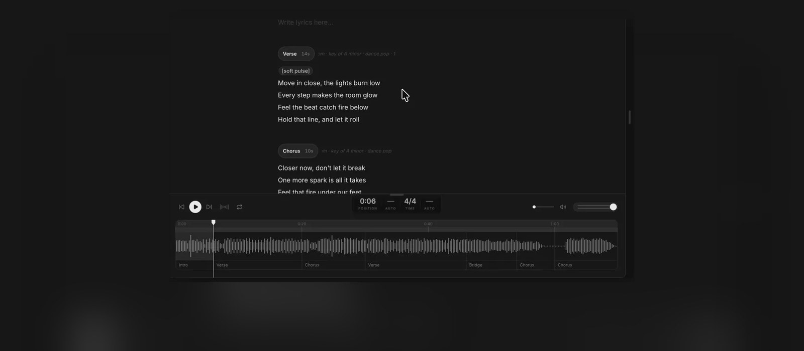 The ElevenMusic Composer editor showing separate verse and chorus sections with their own tags above a song timeline