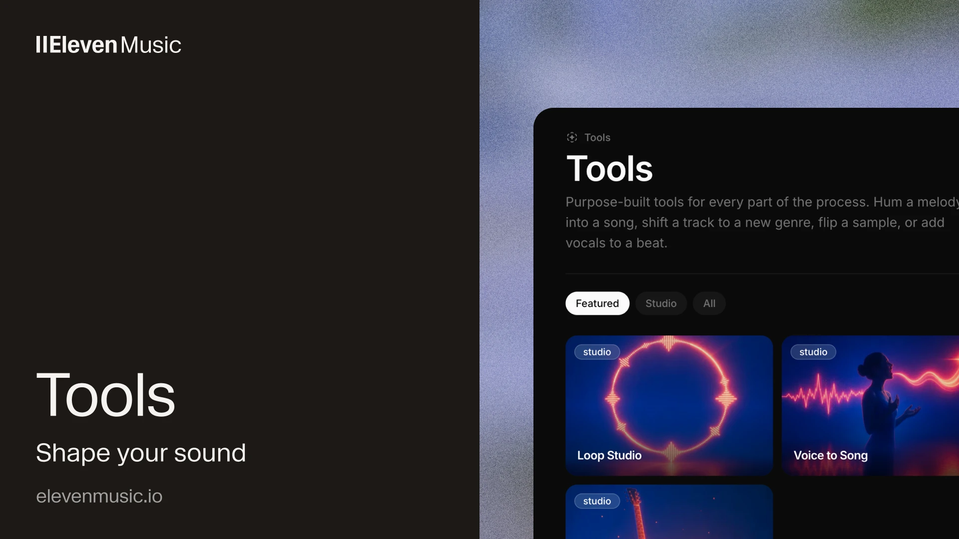 ElevenMusic Tools launch graphic showing Loop Studio and Voice to Song cards in the app