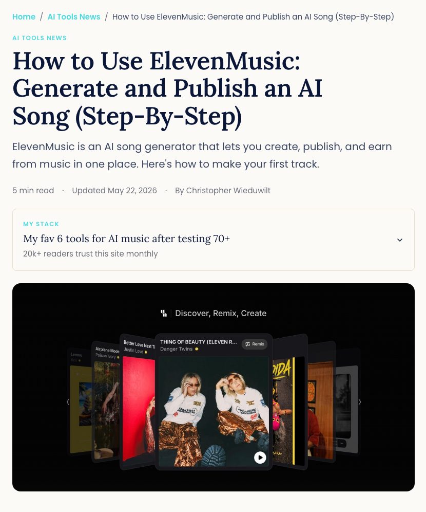 The ElevenMusic tutorial article on aimusicpreneur.com