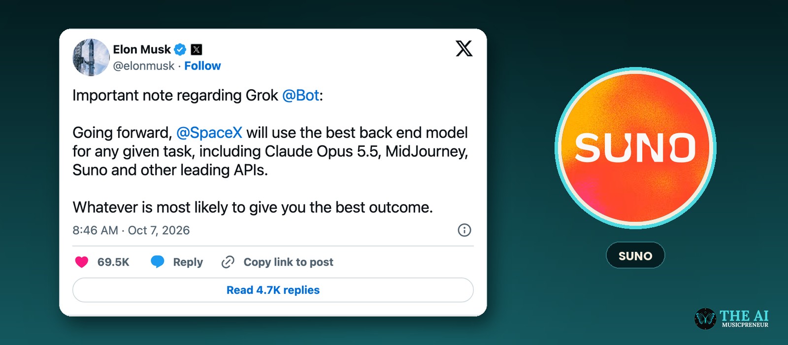 Elon Musk's October 7, 2026 X post saying Grok Bot will use Claude Opus 5.5, Midjourney and Suno, next to the Suno logo