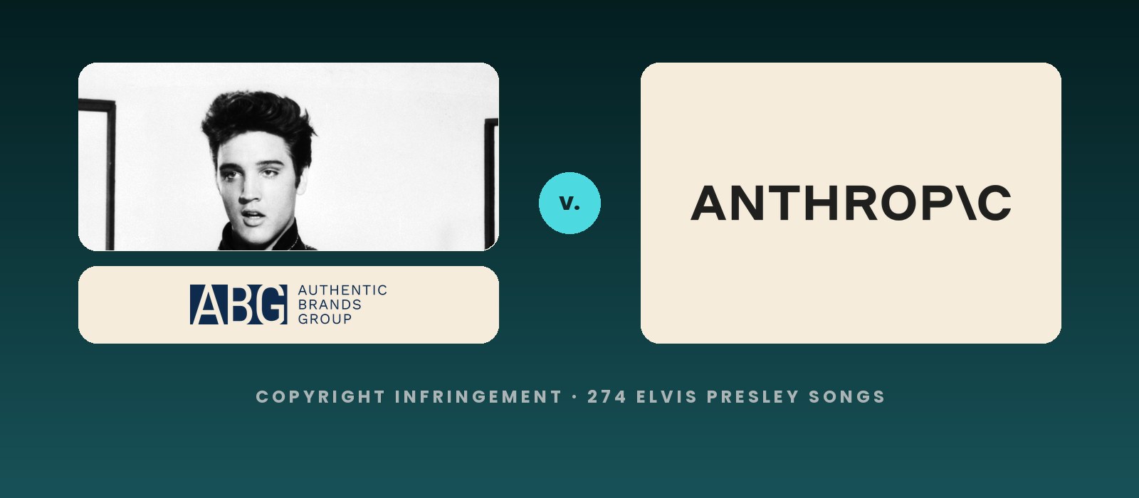 Elvis Presley and the Authentic Brands Group logo facing the Anthropic logo across a v. mark