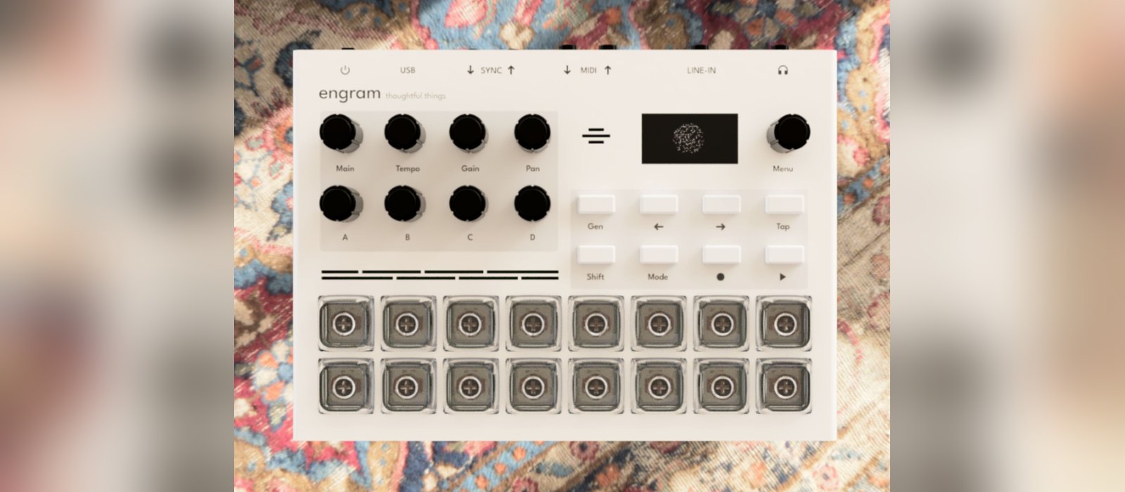 Top-down view of the Engram generative AI sampler and groovebox by Thoughtful Things, with knobs, screen and 16 pads