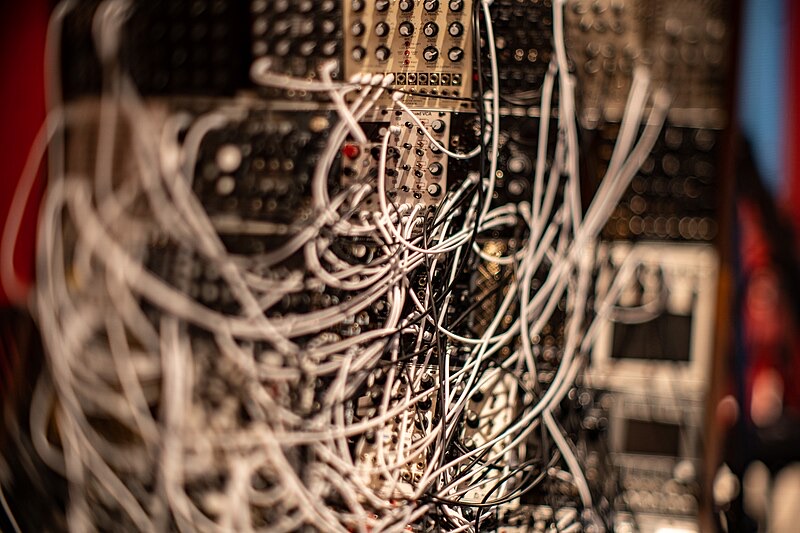 Eurorack modular synthesizer close up with patch cables, home of random sequencers like Marbles
