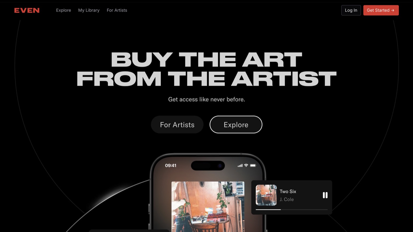 EVEN direct-to-fan platform homepage: buy the art from the artist, with a phone showing a track for sale