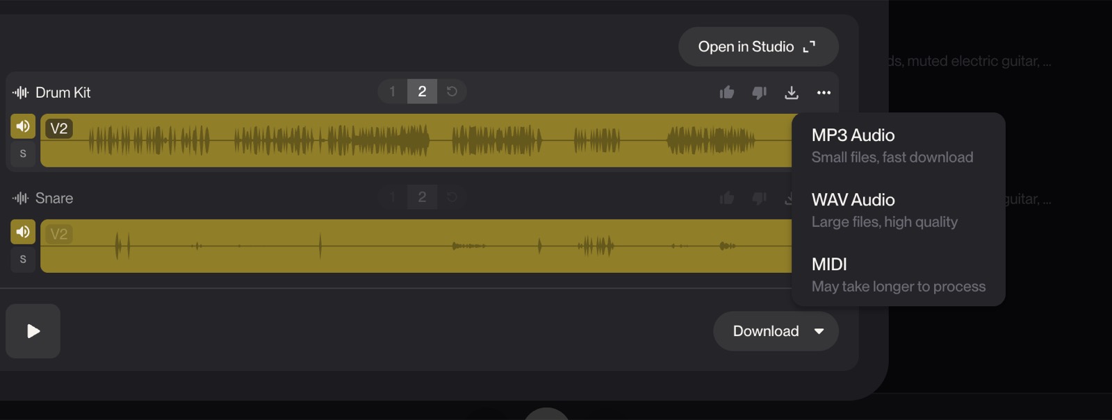 Extracted Suno Drum Kit and Snare stems with the Download menu open on MP3, WAV, and MIDI options