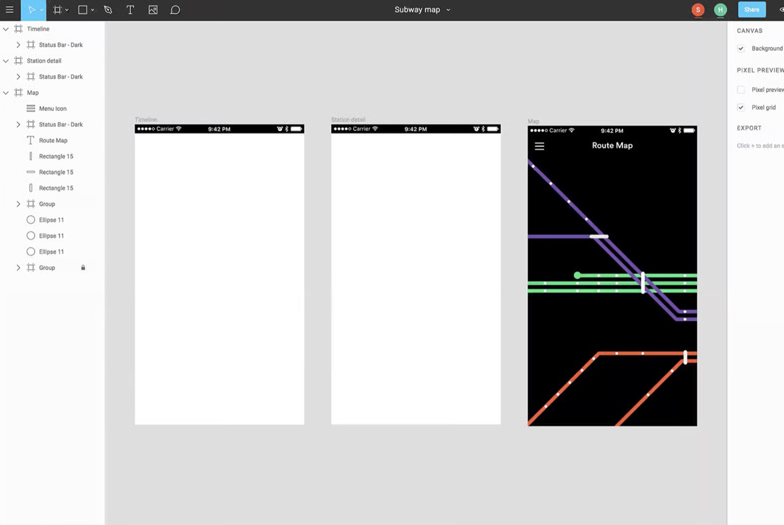 Figma's browser-based design editor with two collaborators editing a shared subway-map app prototype in real time