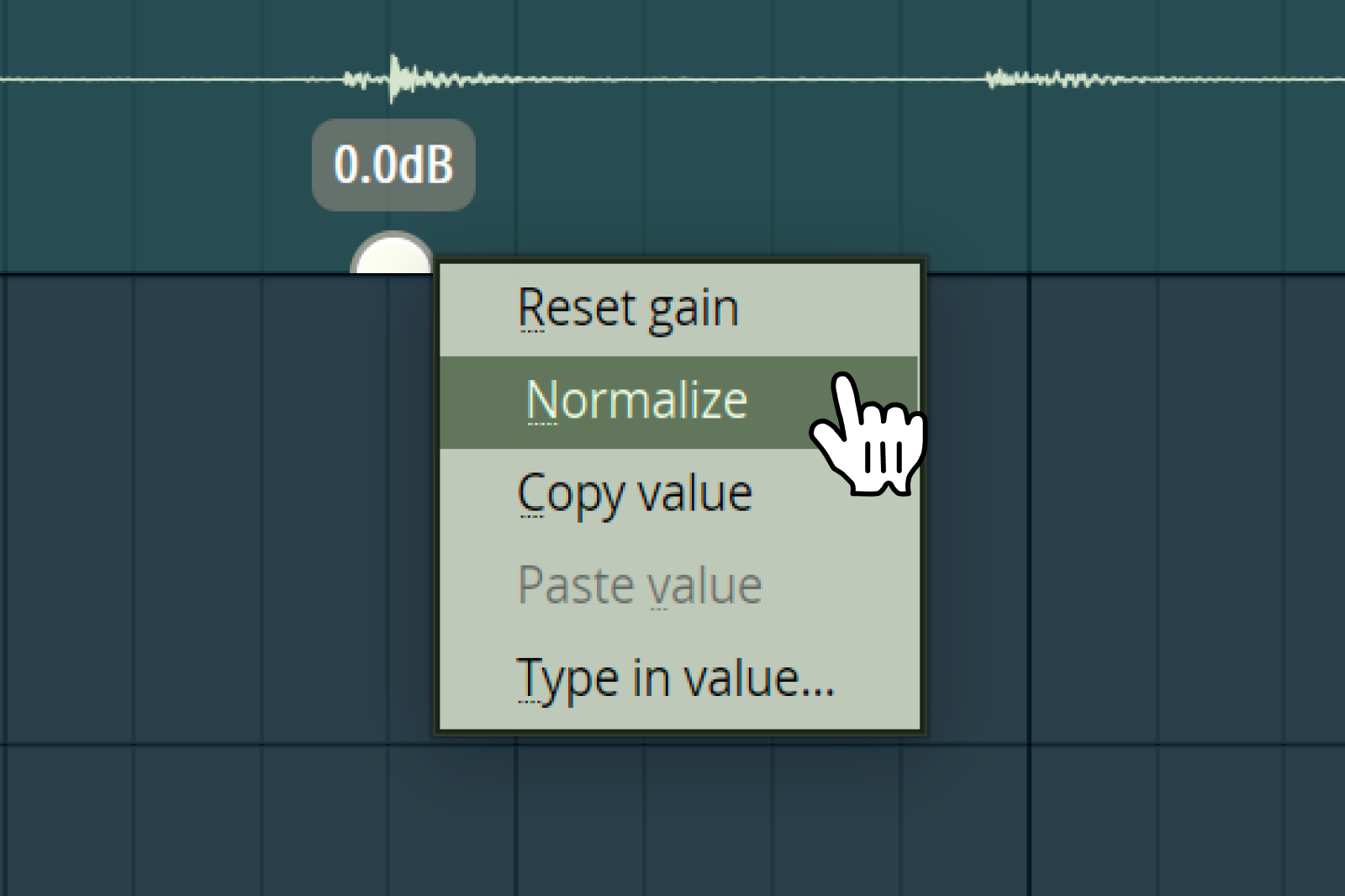 Right-click gain menu on an audio clip in the FL Studio 2026 Playlist with Normalize highlighted