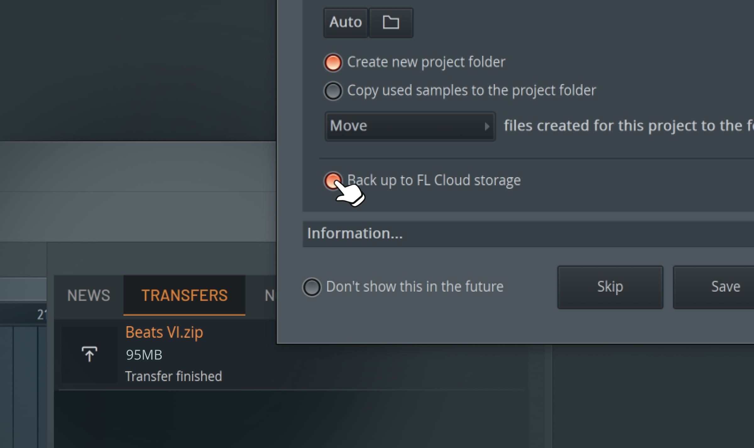FL Studio 2026 save dialog with the new Back up to FL Cloud storage option