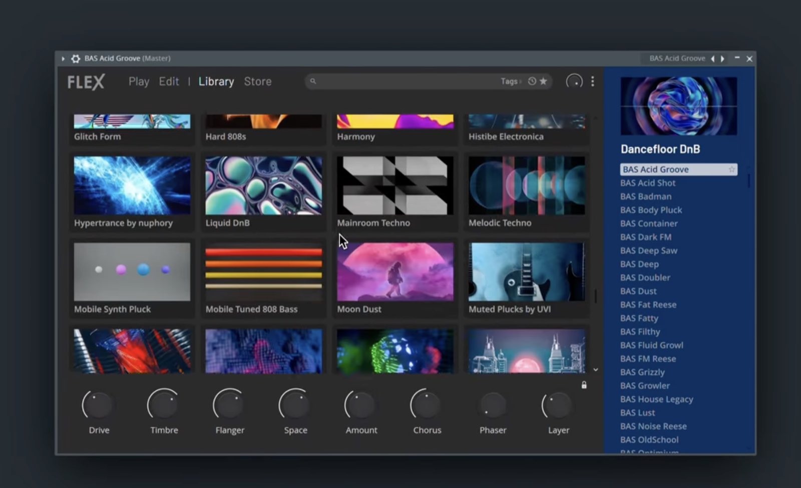 The redesigned FLEX Library browser in FL Studio 2026 showing a grid of preset packs and a Dancefloor DnB patch list