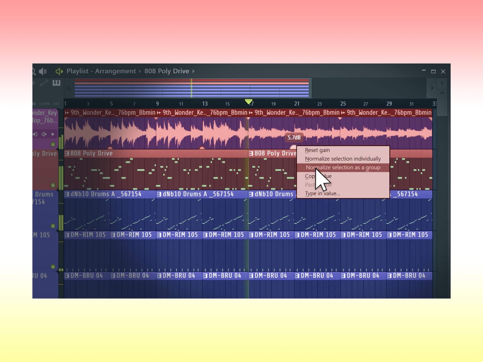 FL Studio 2026 Playlist arrangement view showing audio clips and the new gain-normalize menu