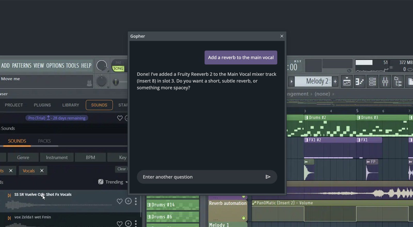 FL Studio 2026 Gopher assistant confirming it added a Fruity Reeverb 2 to the Main Vocal mixer track on request