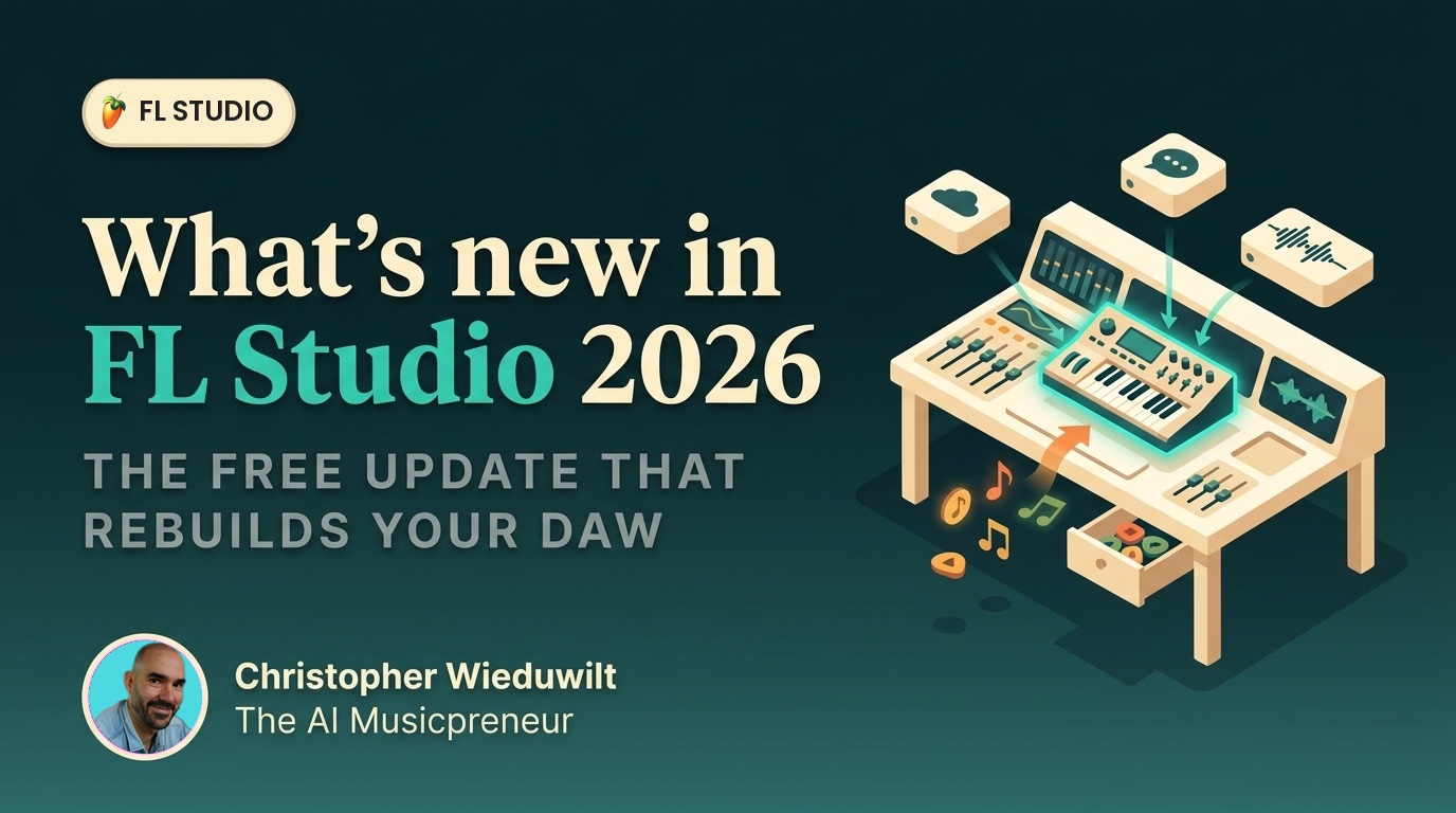 What's new in FL Studio 2026 with the FL Studio logo, illustrated DAW rig with a glowing FLEX synth core, cloud backup, AI assistant, and stem-split waveform