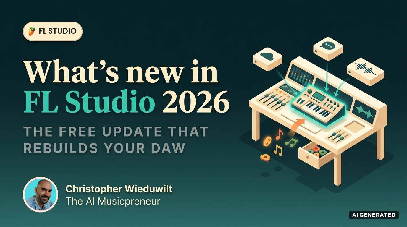 What's new in FL Studio 2026 with the FL Studio logo, illustrated DAW rig with a glowing FLEX synth core, cloud backup, AI assistant, and stem-split waveform