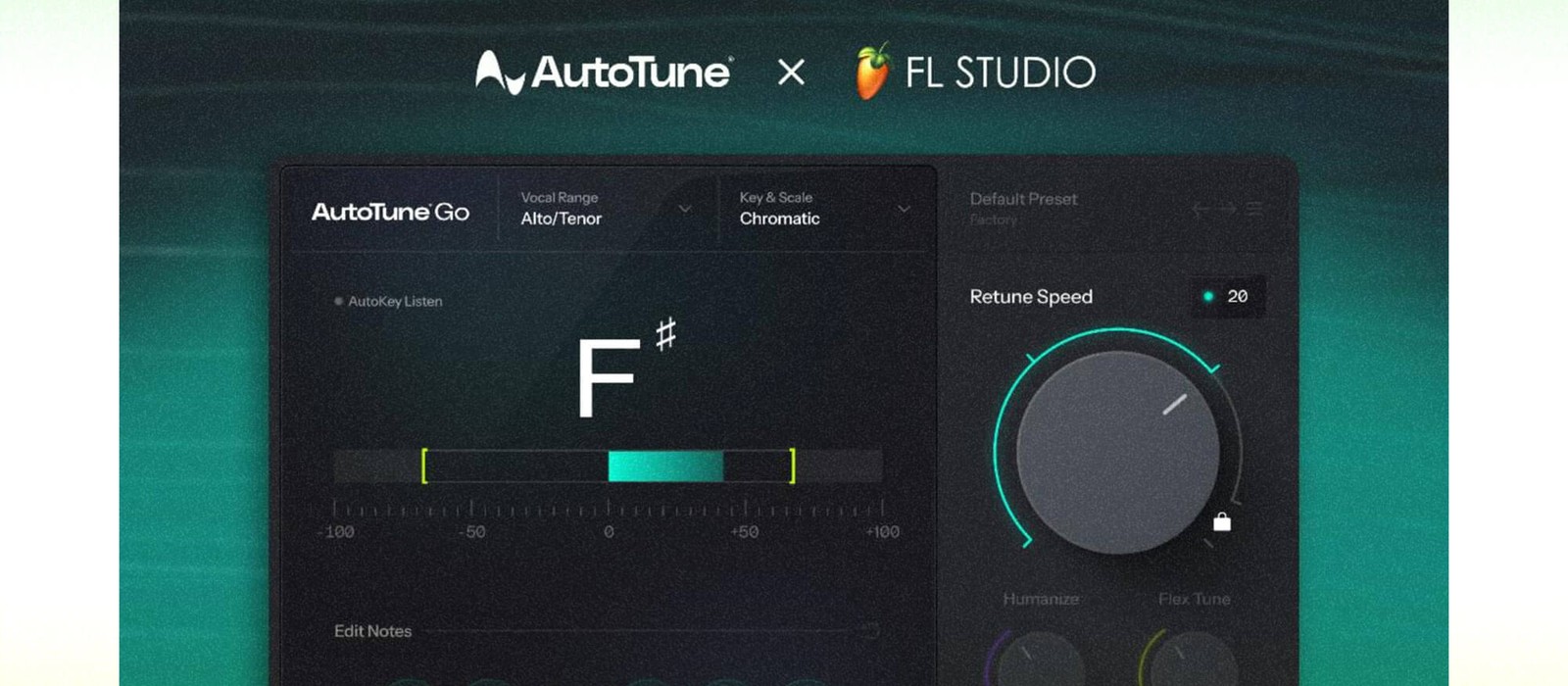 AutoTune Go plugin interface in FL Studio showing vocal range, key and scale selectors and the Retune Speed control