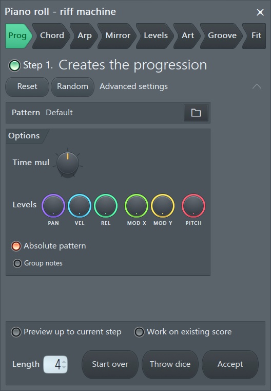 FL Studio Riff Machine dialog with Progression tab, pattern options, and the Throw dice button