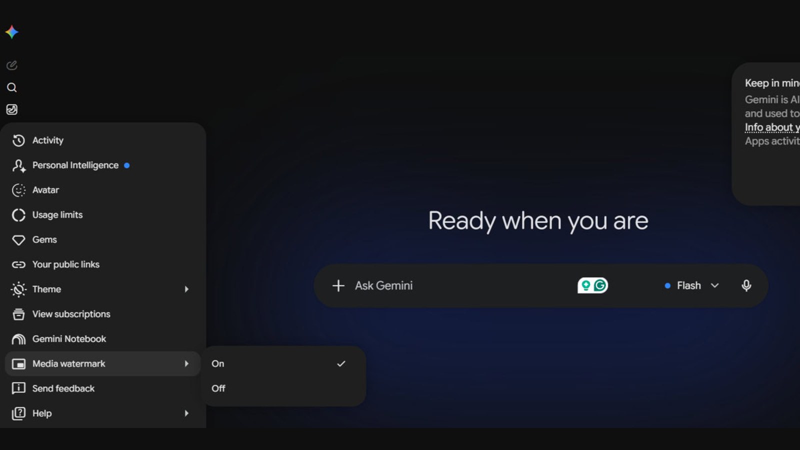 The Gemini settings menu with Media watermark highlighted and its On and Off options open