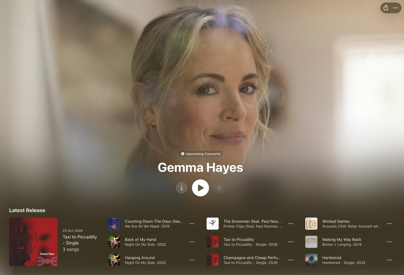 Gemma Hayes' Apple Music artist page showing the fake Taxi to Piccadilly single as her latest release