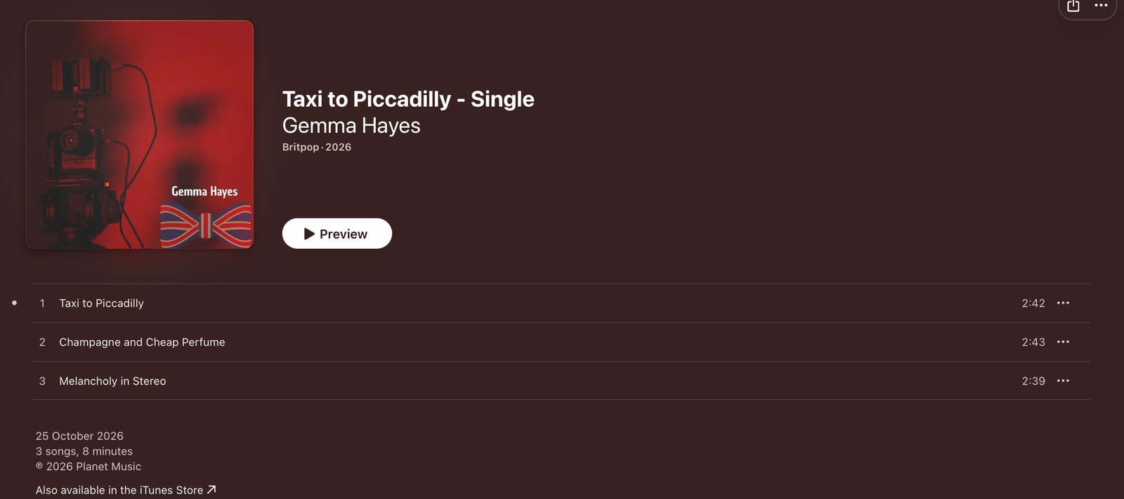 Apple Music page for the fake 'Taxi to Piccadilly' single credited to Gemma Hayes, with 3 tracks listed