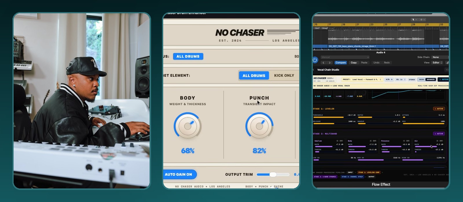 Producer Khris Riddick-Tynes in his studio next to his No Chaser plugin, built in Google Flow Music, running in Logic Pro