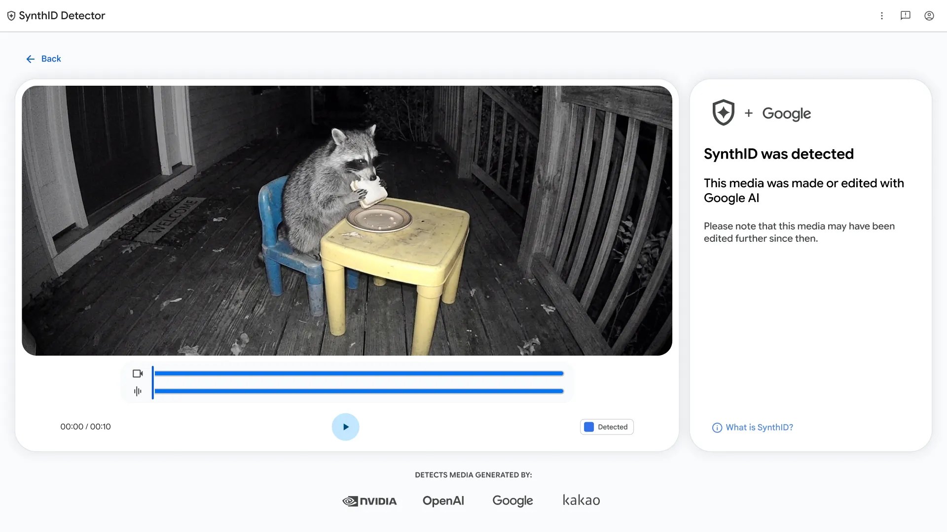Google's SynthID Detector result screen flagging a video and its audio track as made with Google AI
