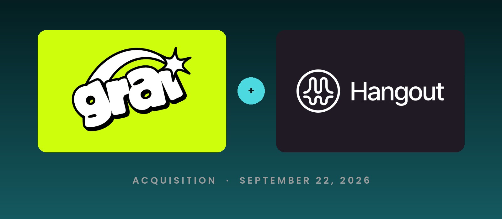 GRAI logo on a lime card next to the Hangout logo on a dark card, joined by a plus sign