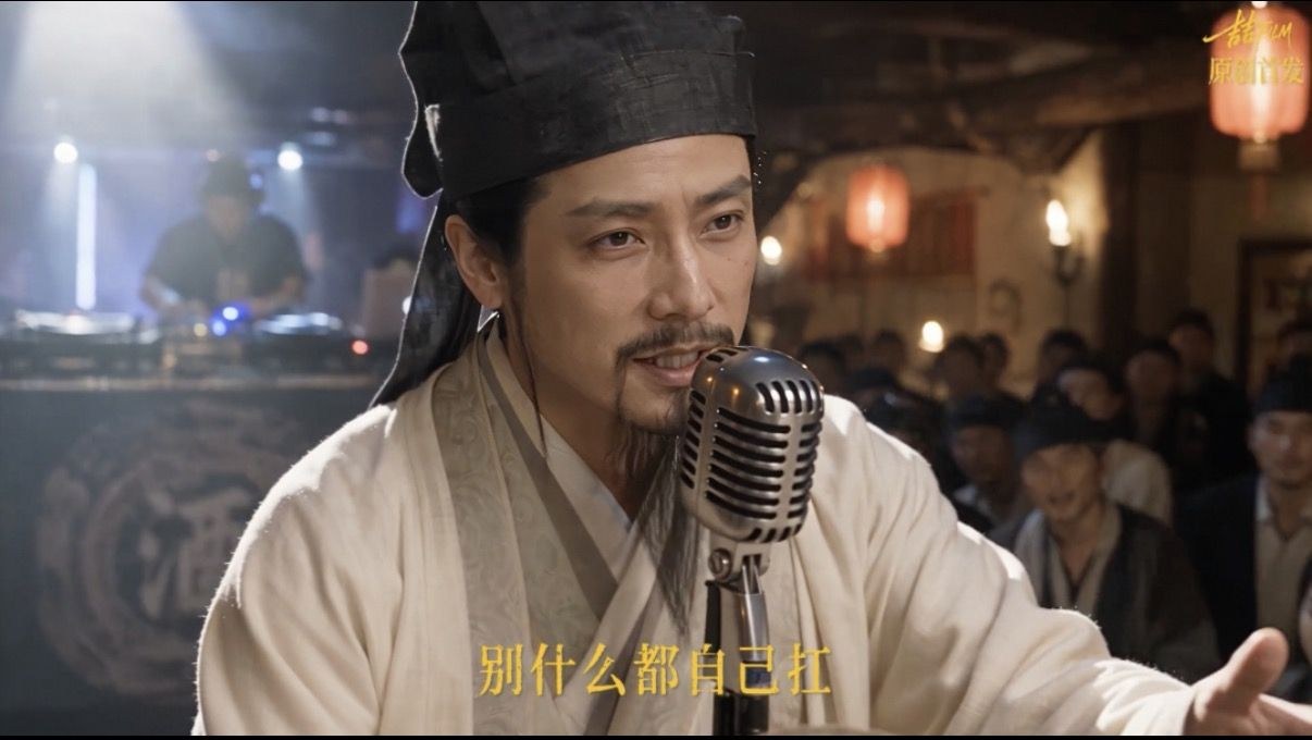 An AI-generated ancient Chinese scholar raps into a vintage microphone in the Guo Lai Ren video