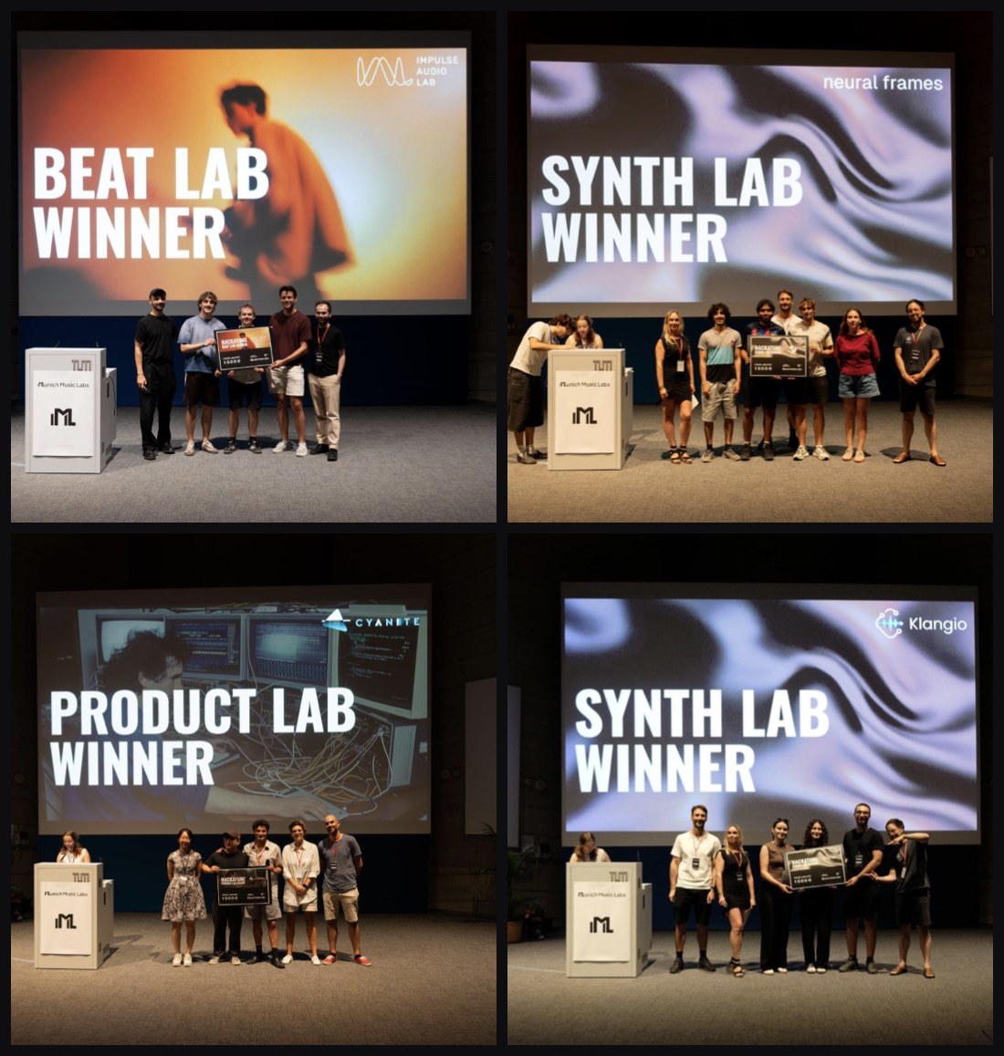Four Hackatune 2026 winning teams on stage for Beat Lab, Synth Lab and Product Lab