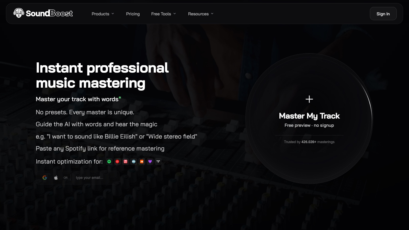 SoundBoost homepage with the headline Instant professional music mastering and a Master My Track upload circle