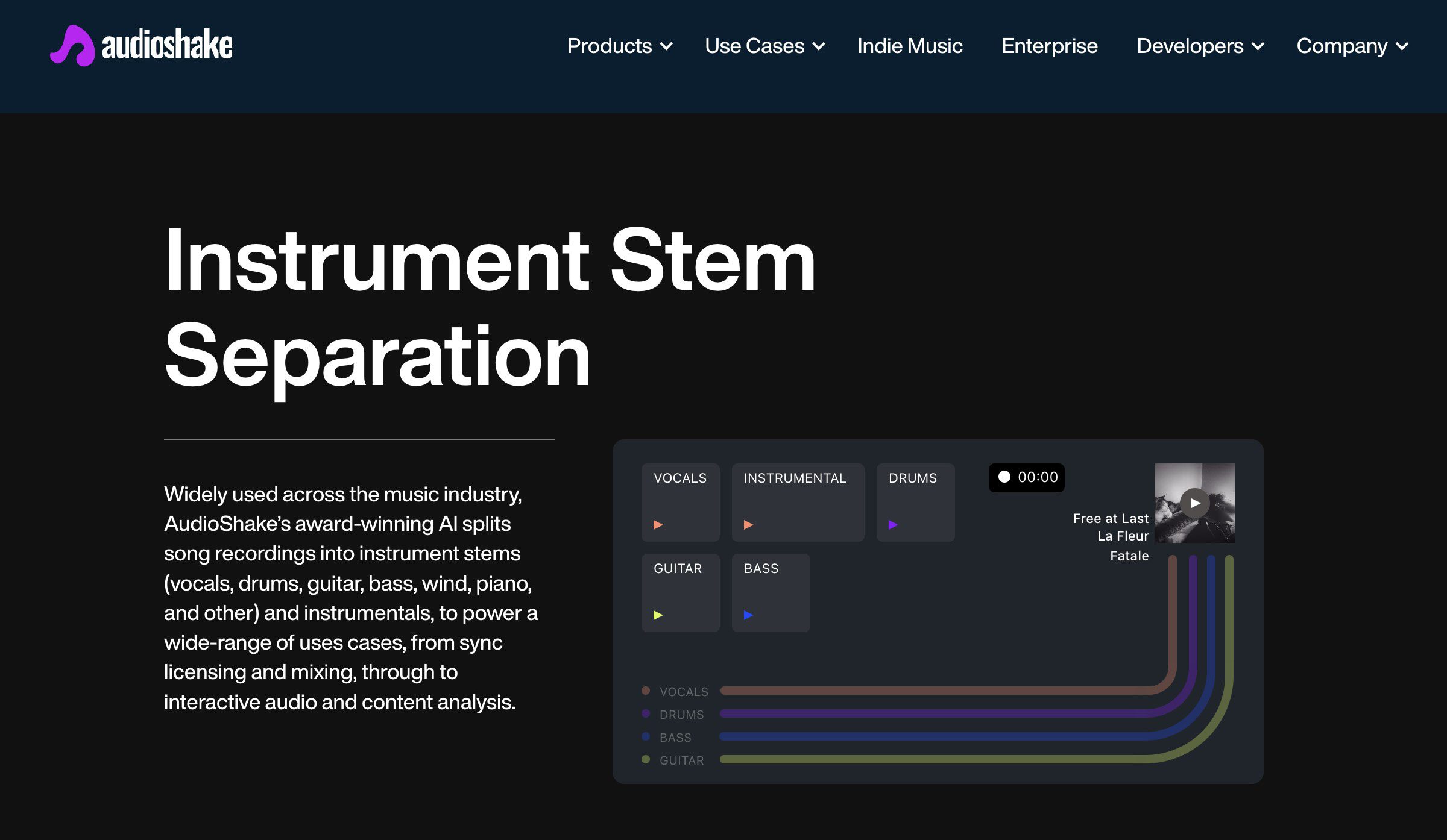 AudioShake stem separation page with playback controls for vocals, drums, guitar, and bass