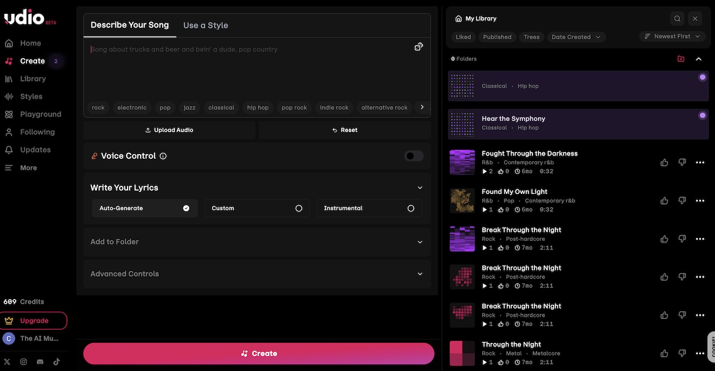 Udio app showing the song creation panel with genre tags, a lyrics selector, and My Library sidebar