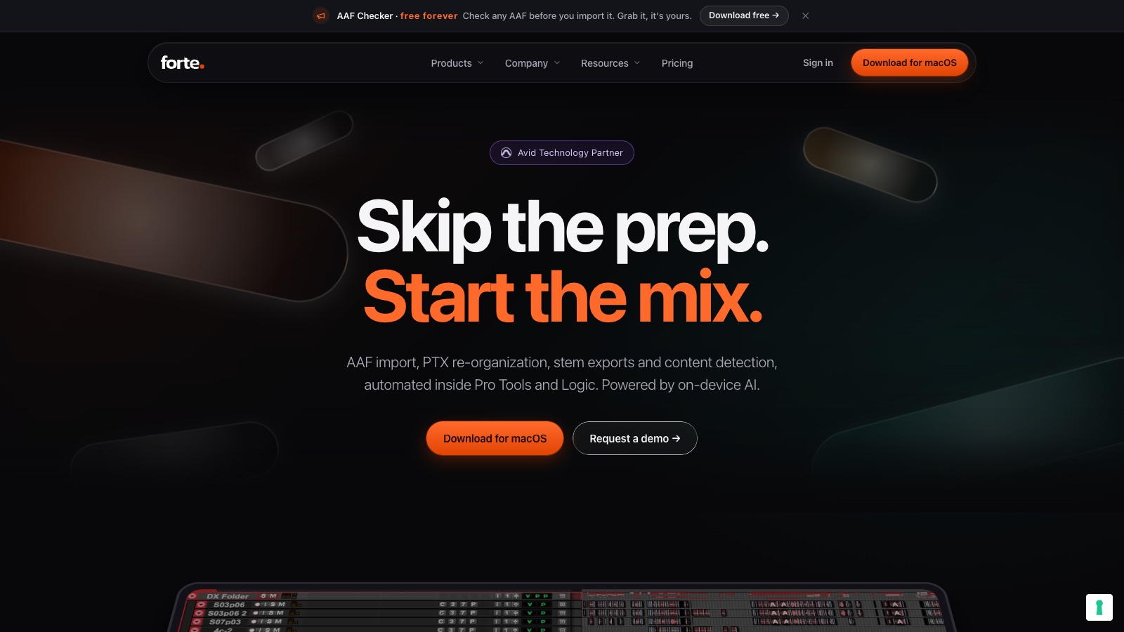 Forte AI homepage with the headline Skip the prep, start the mix and a Pro Tools session mockup