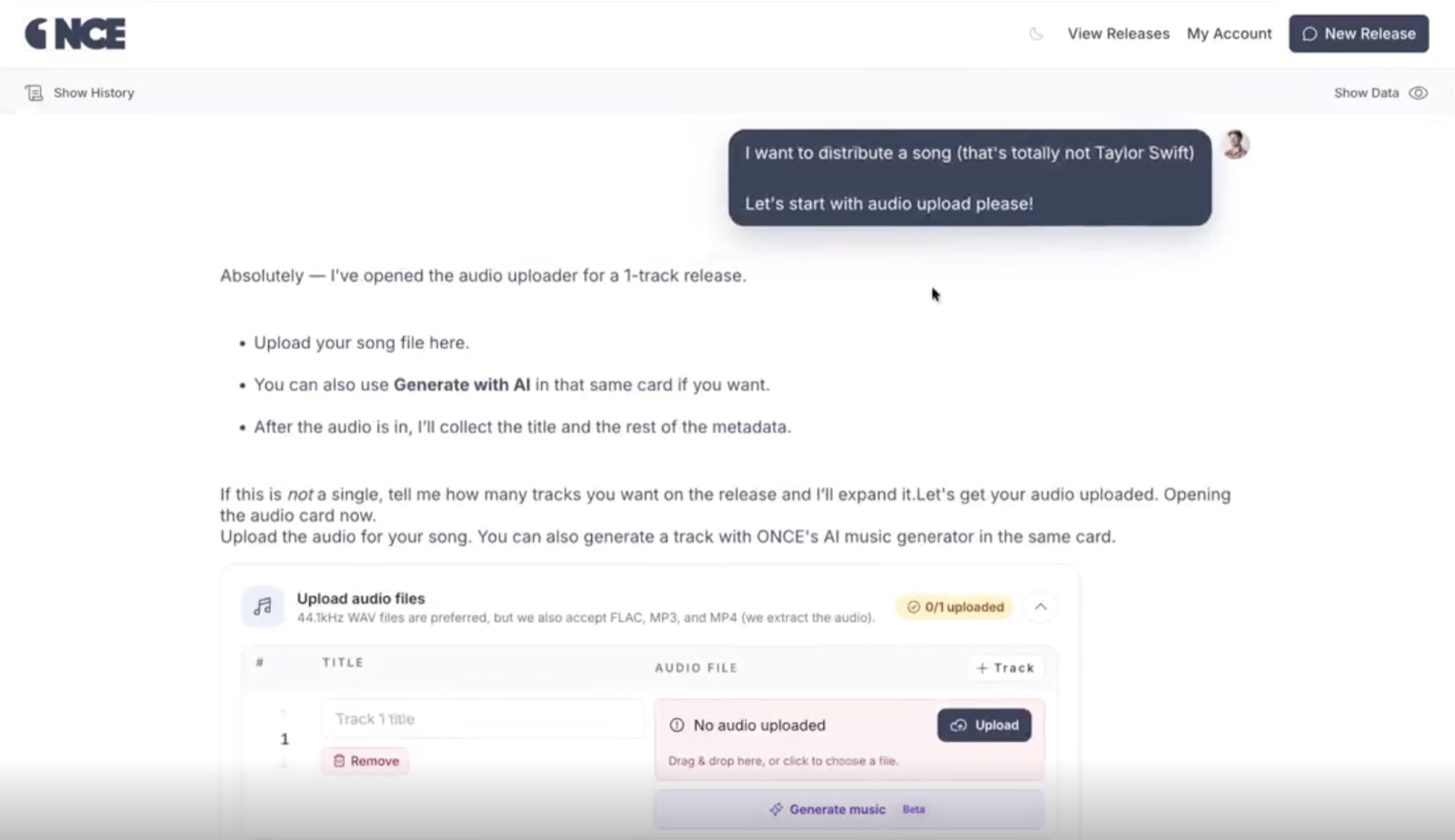 ONCE chat interface showing a release request and an audio uploader card opening in response