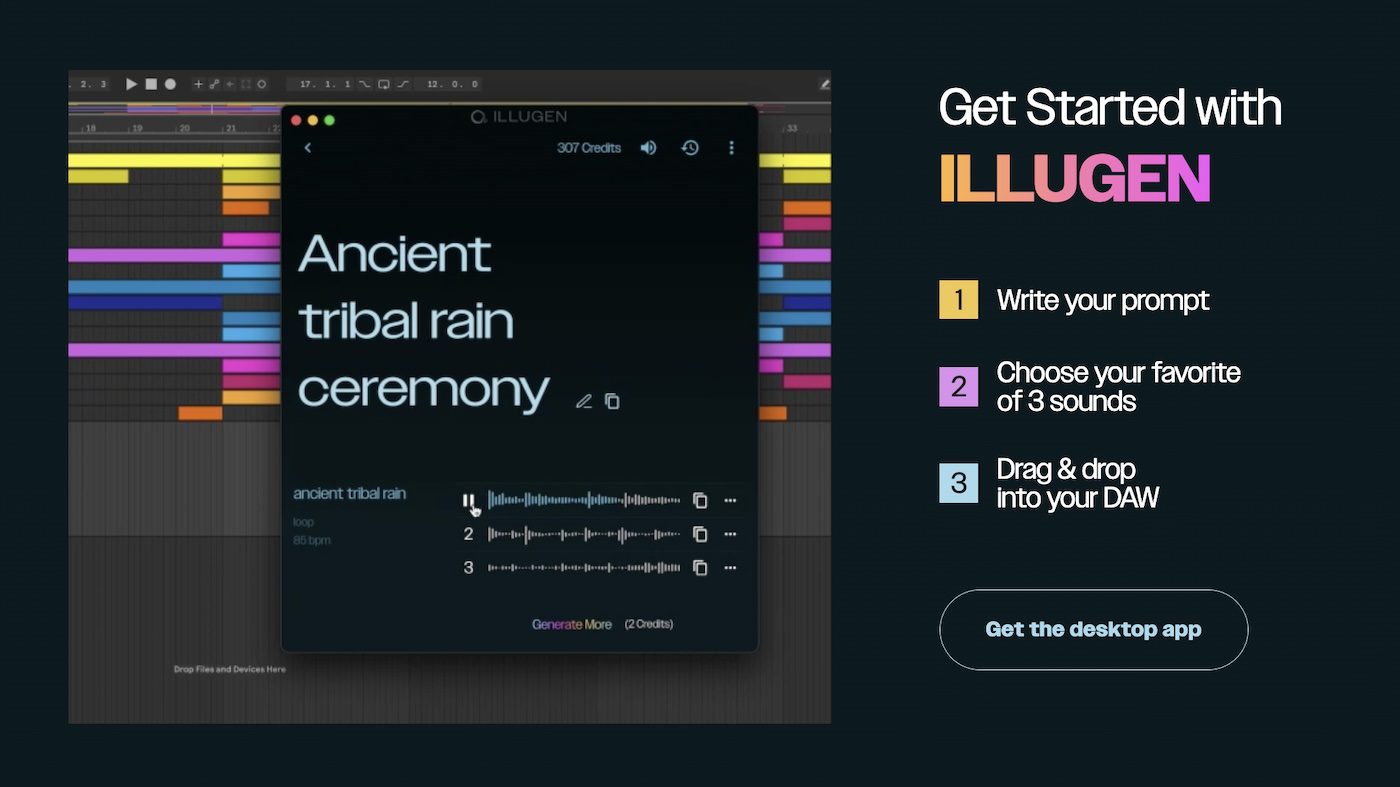 Waves Audio ILLUGEN plugin open in a DAW with a text prompt and three generated loop variations