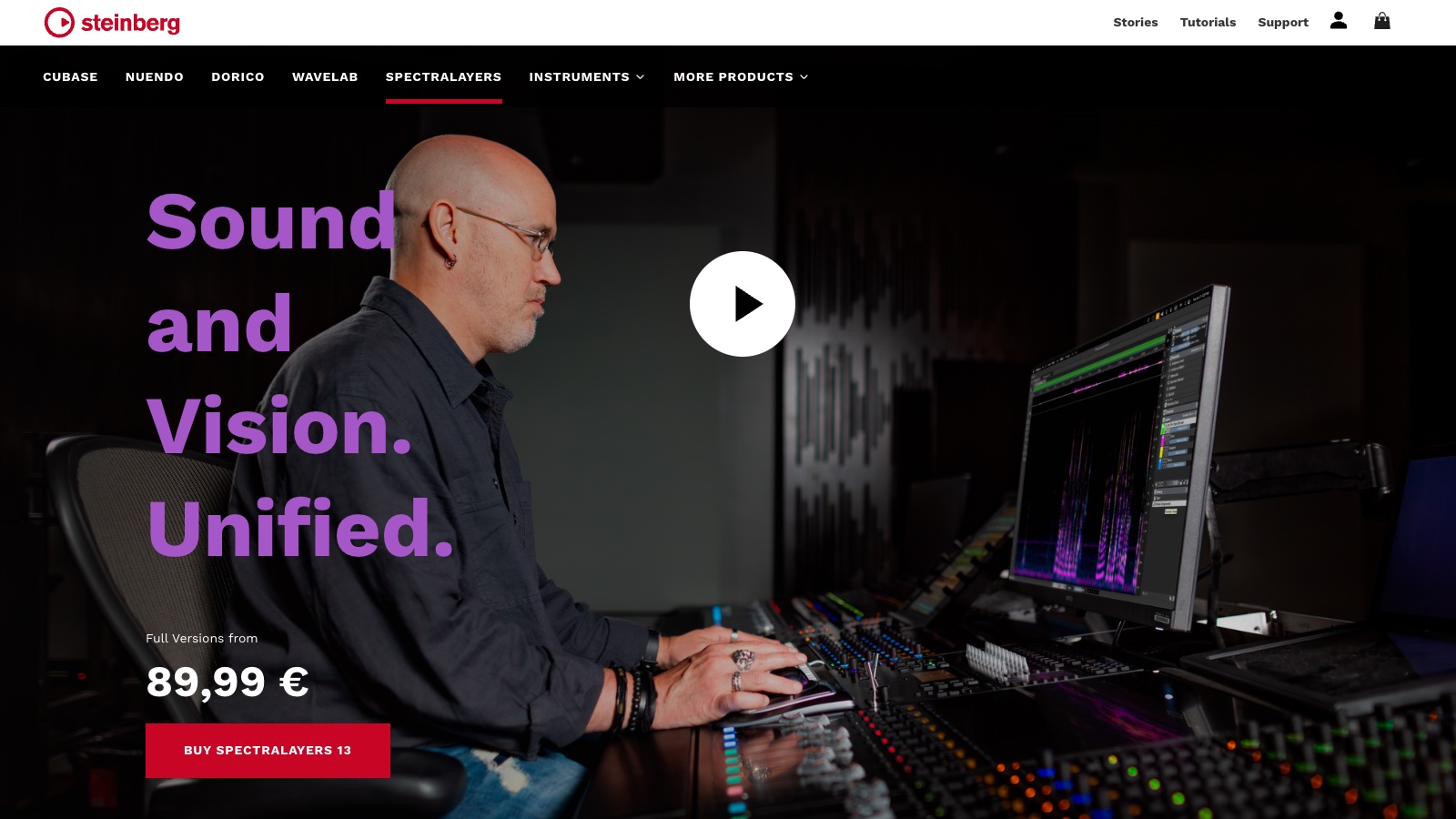 Steinberg SpectraLayers page with the headline Sound and Vision Unified and an engineer editing a spectrogram