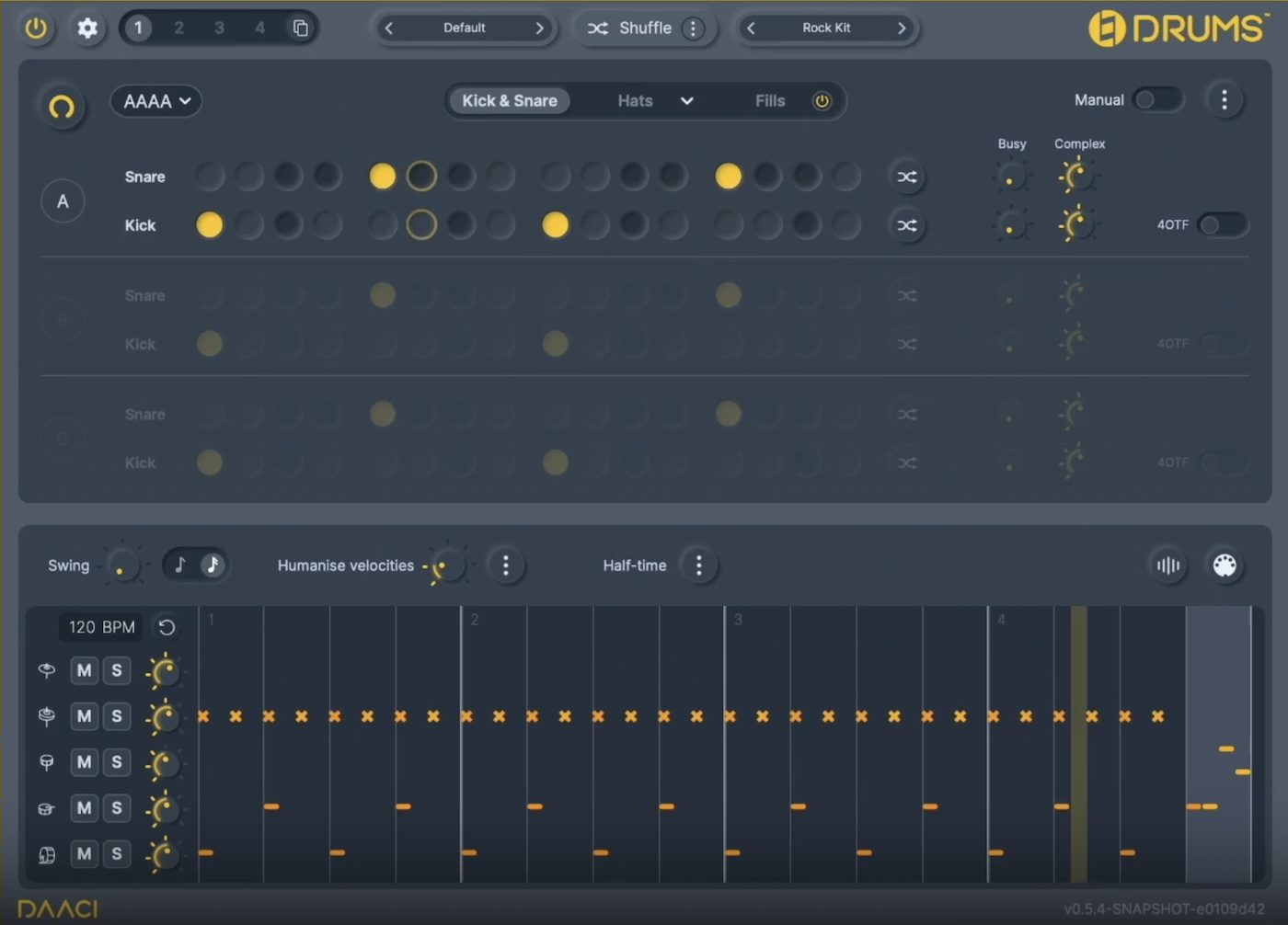 DAACI Natural Drums plugin with a kick and snare step sequencer above a piano-roll velocity grid