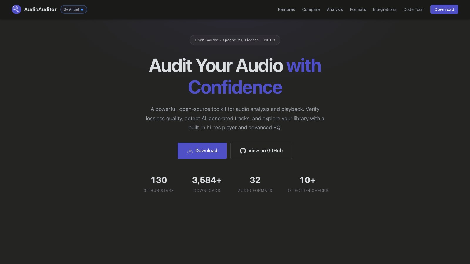 The AudioAuditor homepage showing its open source Apache-2.0 badge and download counts