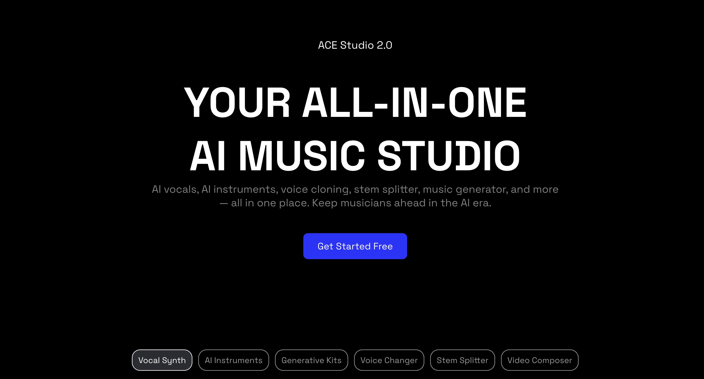 ACE Studio 2.0 homepage with the headline Your All-In-One AI Music Studio and feature pills for vocal synth, AI instruments, and stem splitter